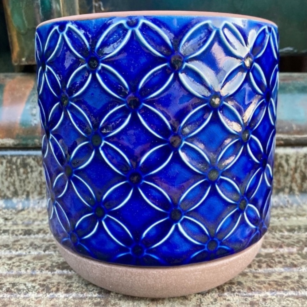 6 Inch Blue Planter Ceramic Pot Cobalt Embossed Floral Pattern Inline Saucer NWT - Picture 5 of 15